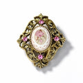 Vintage Gold Tone Needlepoint Cameo Brooch Pink Rhinestones ￼