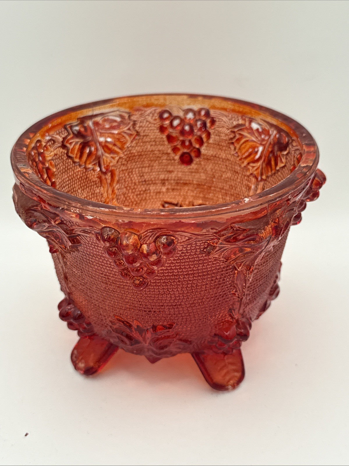 Vintage Mid-Century Modern Jeanette Ruby Red Harvest Grape Footed Candy Dish 