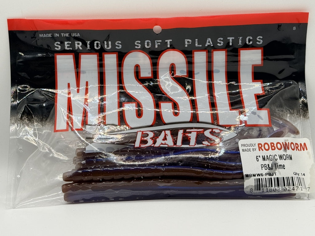 Missile Baits Roboworm 6" Magic Worm PB&J Time 14ct