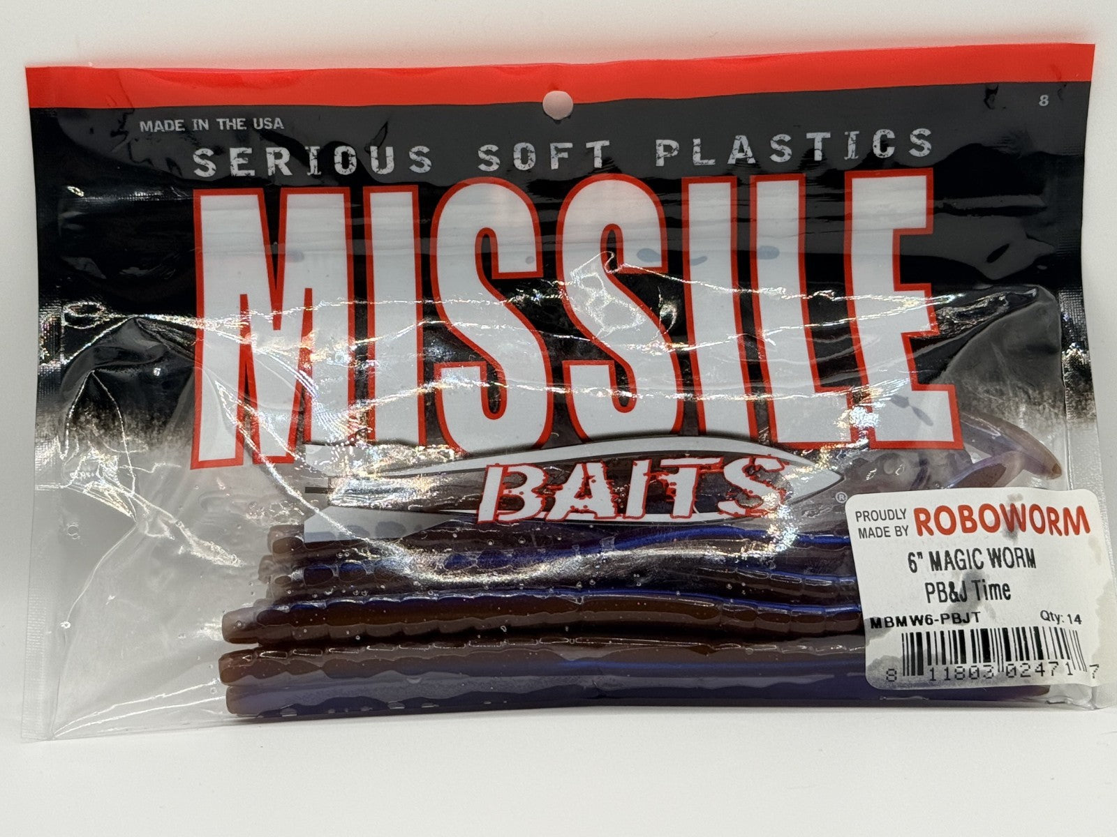 Missile Baits Roboworm 6" Magic Worm PB&J Time 14ct