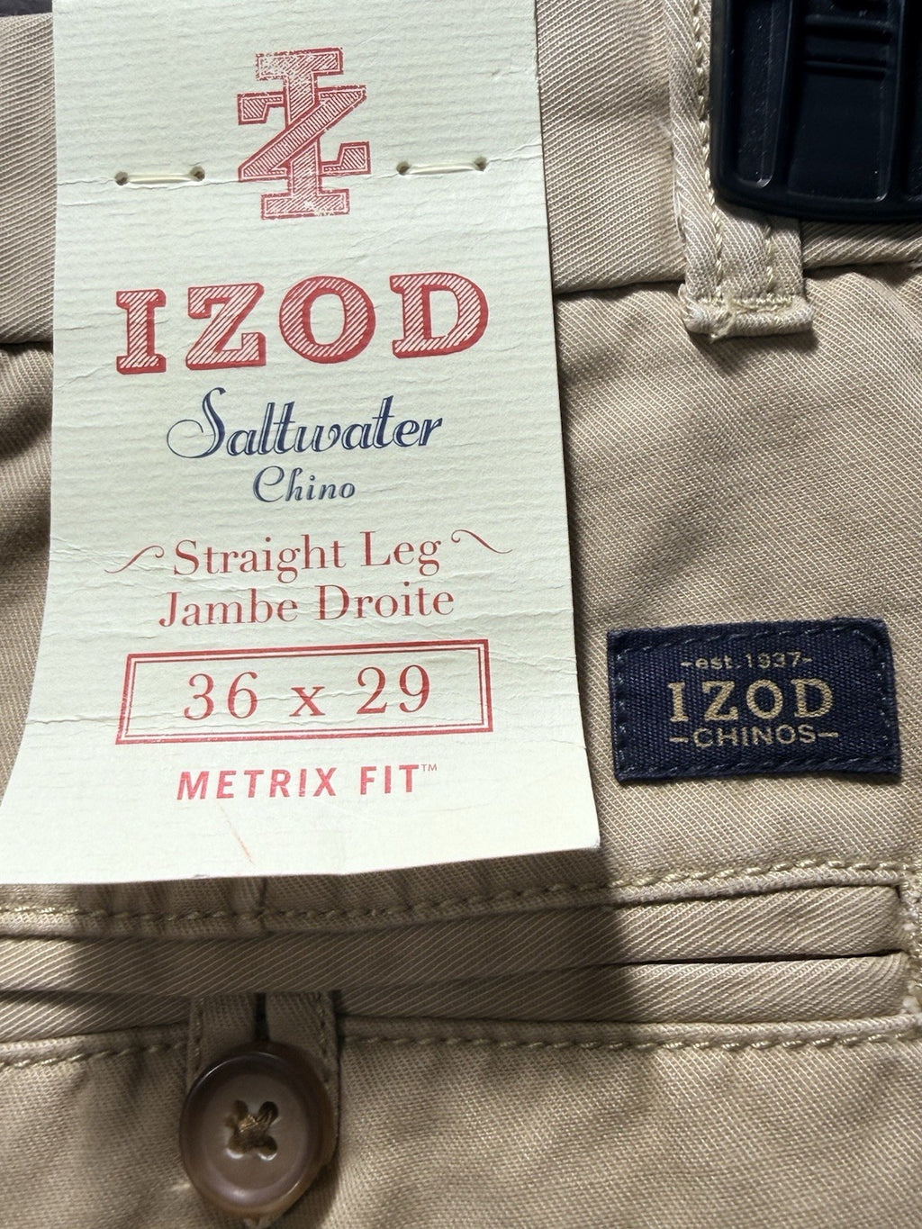 NWT IZOD Saltwater Chino Pants Khaki Straight Leg Metrix Fit 36x29 MSRP $58