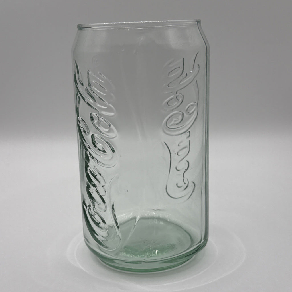 Vintage Coca-Cola Coke Can Shaped 5" Green Clear Glass 12oz Drinking Glasses 2pc
