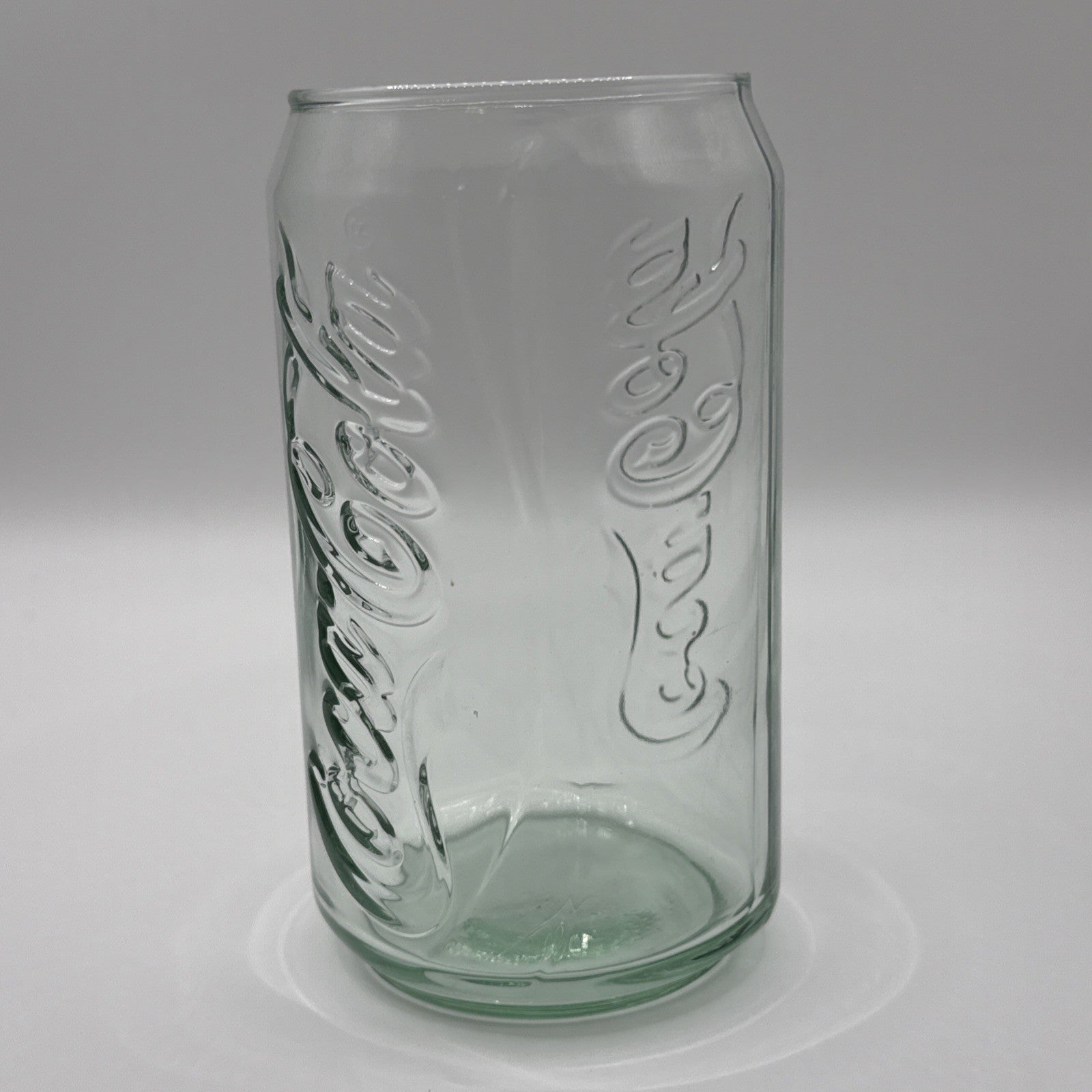 Vintage Coca-Cola Coke Can Shaped 5" Green Clear Glass 12oz Drinking Glasses 2pc