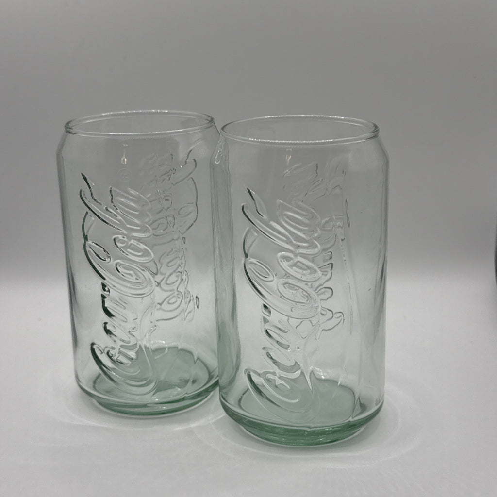 Vintage Coca-Cola Coke Can Shaped 5" Green Clear Glass 12oz Drinking Glasses 2pc