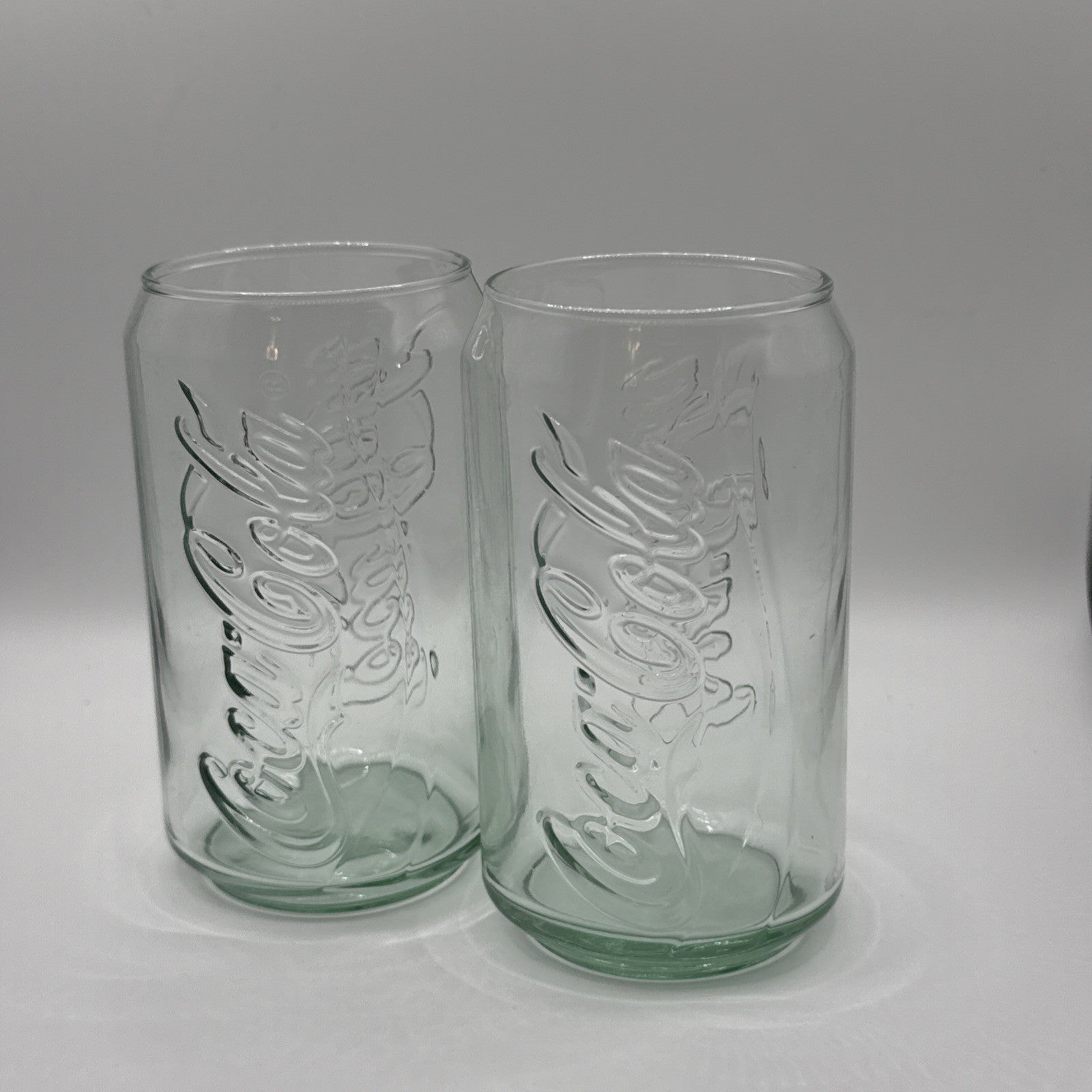 Vintage Coca-Cola Coke Can Shaped 5" Green Clear Glass 12oz Drinking Glasses 2pc