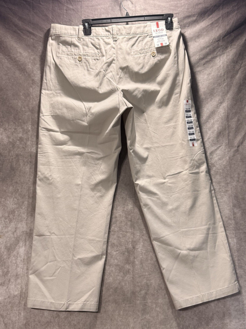NWT IZOD Saltwater Chino Pants Stone Khaki Flat Front Relaxed Fit 38x30 MSRP $58