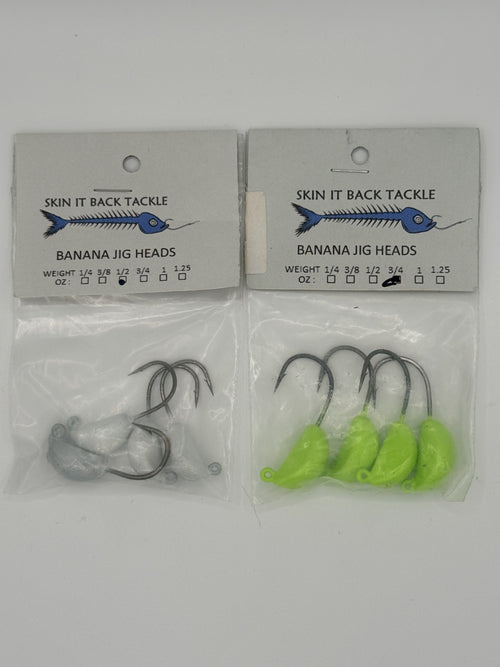 (2pks) | Skin It Back | Banana Jig Heads | White 1/2oz & Chart 3/4oz | Mustad 2x