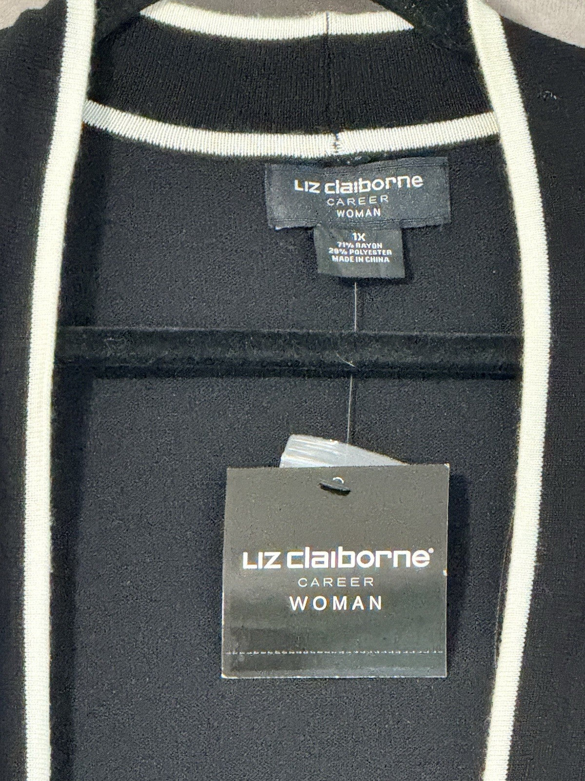 NWT Liz Claiborne Career Woman Black & White Combo Open Front Cardigan Size XL