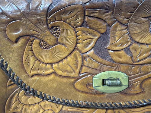 80s Vintage Hand Tooled And Stitched Satchel Hand Bag Genuine Leather