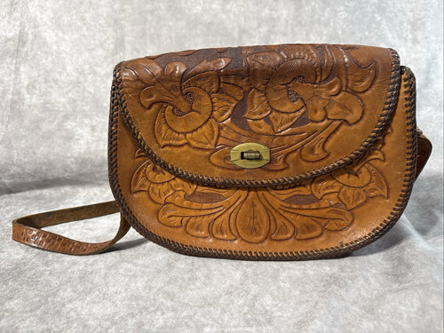 80s Vintage Hand Tooled And Stitched Satchel Hand Bag Genuine Leather