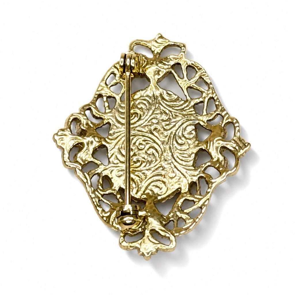 Vintage Gold Tone Needlepoint Cameo Brooch Pink Rhinestones ￼