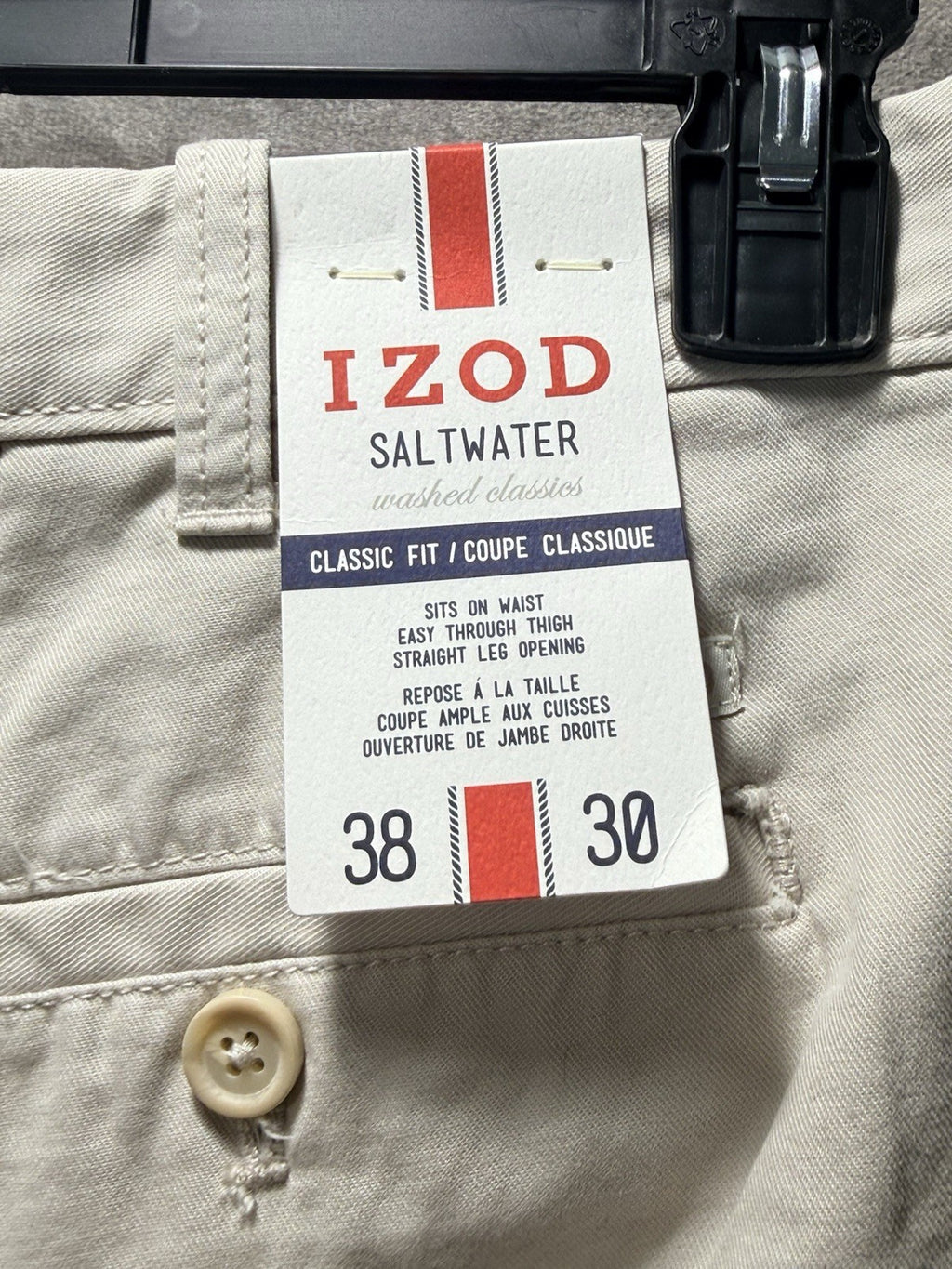 NWT IZOD Saltwater Chino Pants Stone Khaki Flat Front Relaxed Fit 38x30 MSRP $58