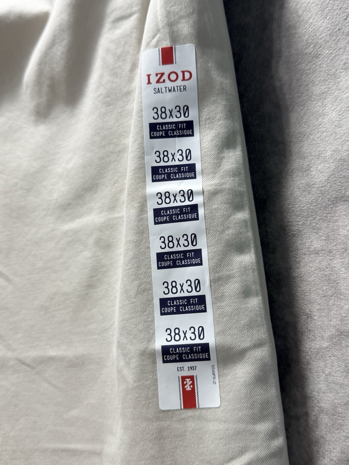 NWT IZOD Saltwater Chino Pants Stone Khaki Flat Front Relaxed Fit 38x30 MSRP $58