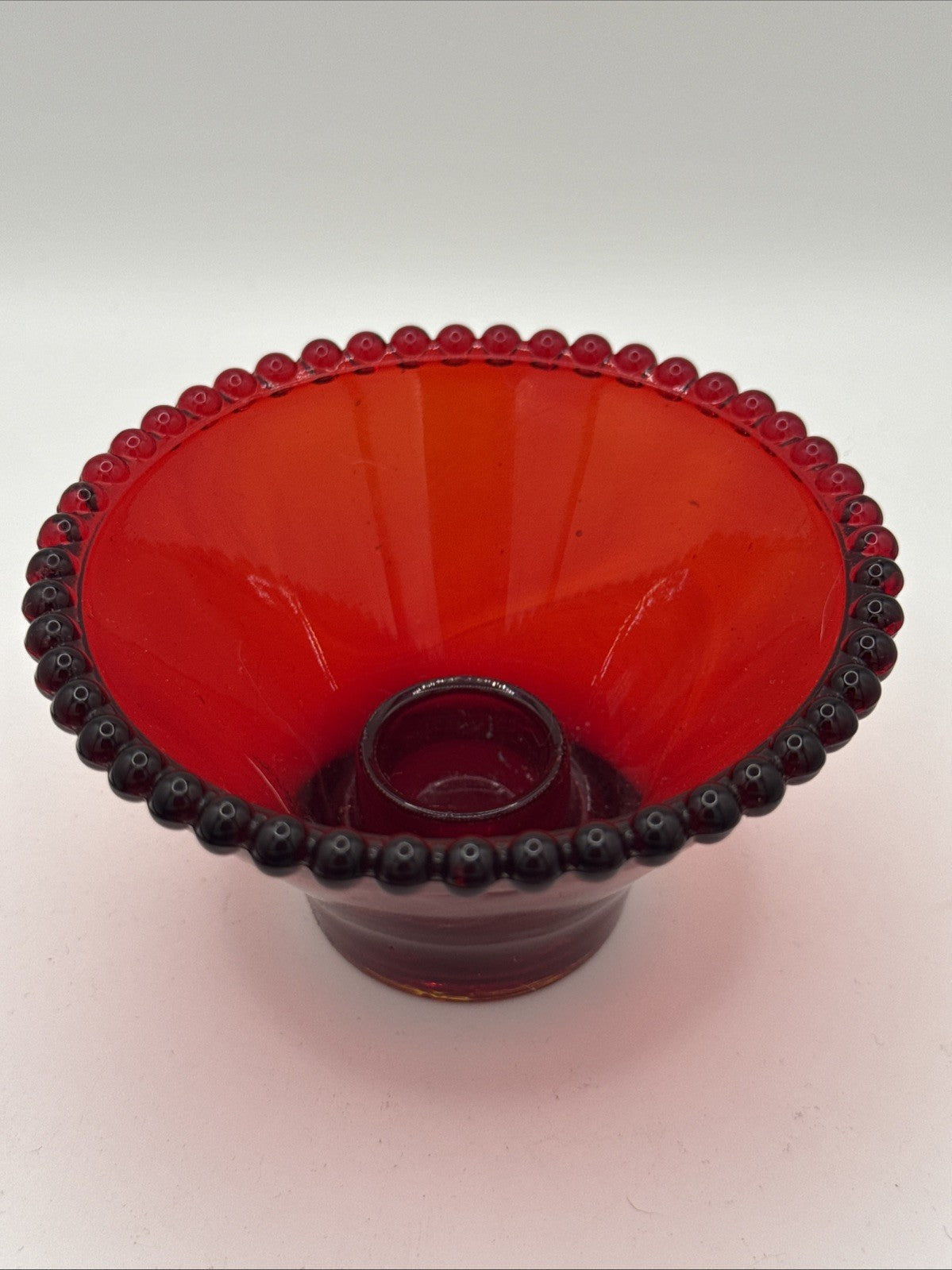 Vintage Ruby Red Glass  Beaded Rim Candle Holder 